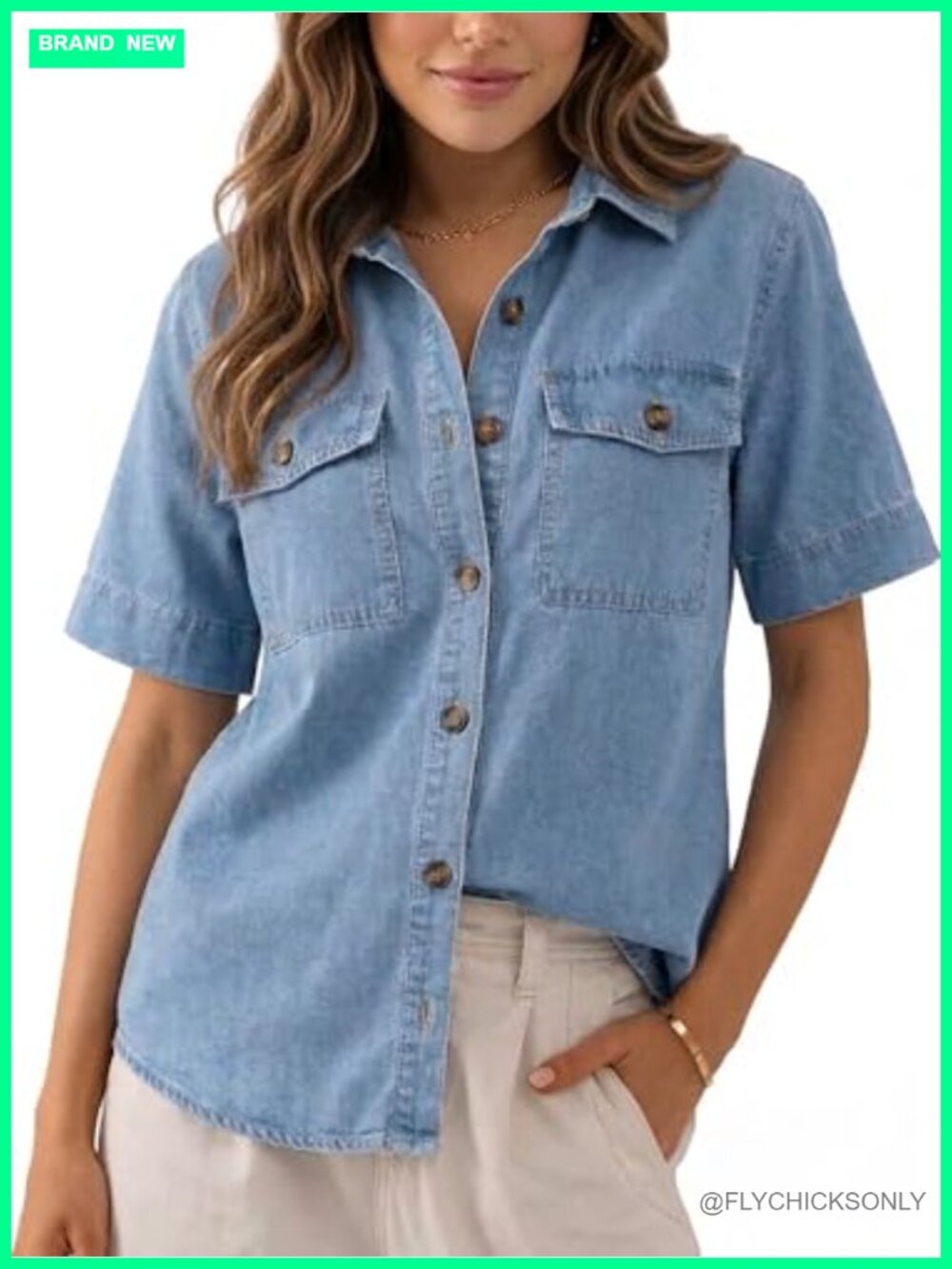 Denim Shirt Short Sleeve Button Down Relaxed Jean Top Pockets